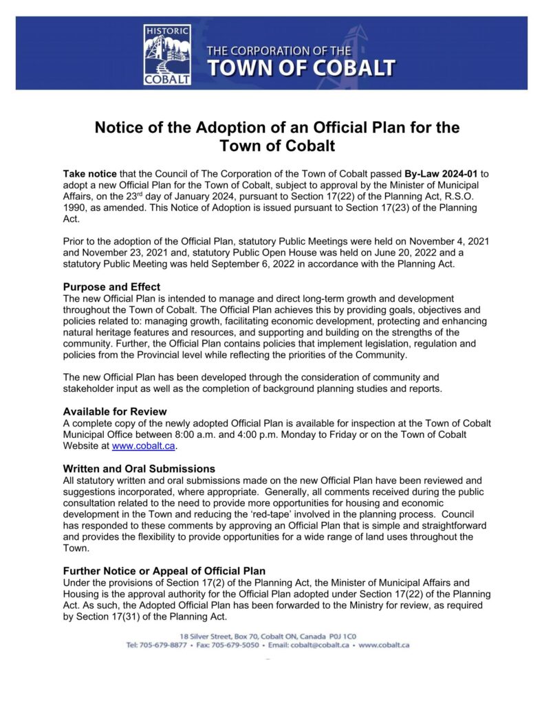Notice of the Adoption of an Official Plan