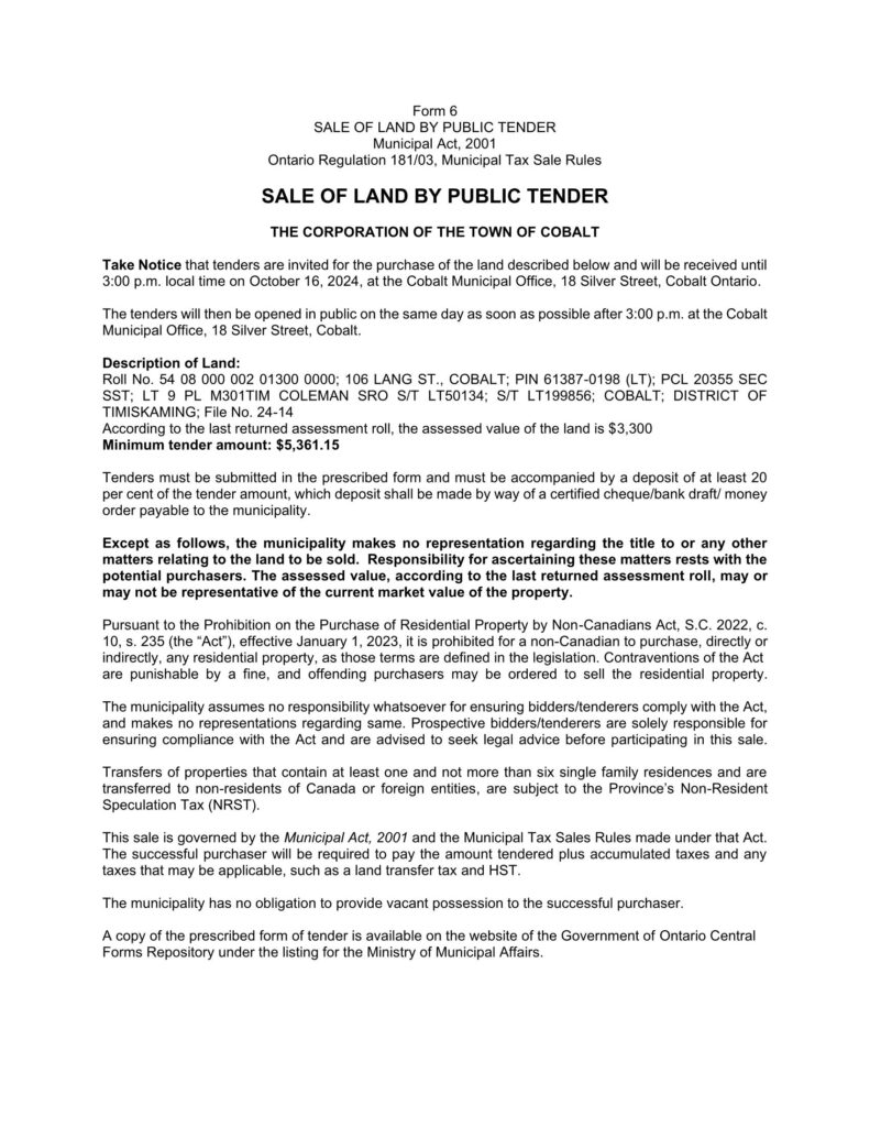 SALE OF LAND BY PUBLIC TENDER